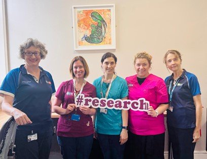 Left to Right: Anthea Seager (Physiotherapist). Sharon Rafferty (CNM2 Research), Joana Campos (CNM1 Research), Patricia Percival (Study Coordinator), Dede McDonagh (Physiotherapist)